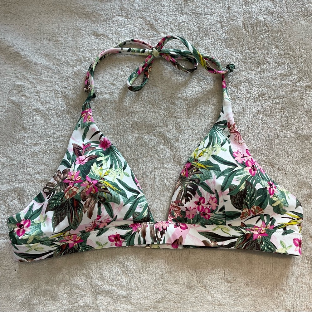 NWOT Victoria's Secret Swim Pink Green Floral Padded Halter Bikini Top Size M